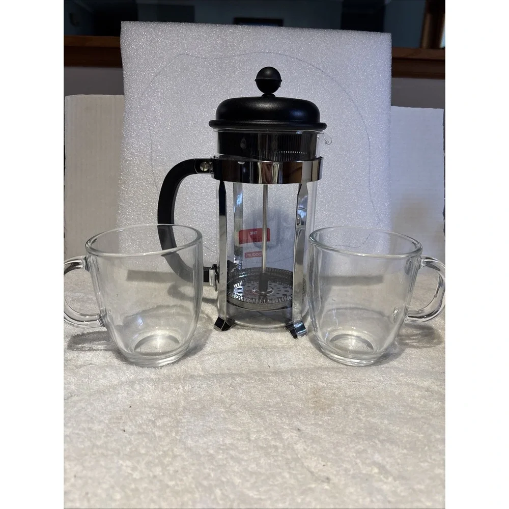 Bodum Black Silver Caffettiera French Press Coffee Maker With Two Glass Mugs Set